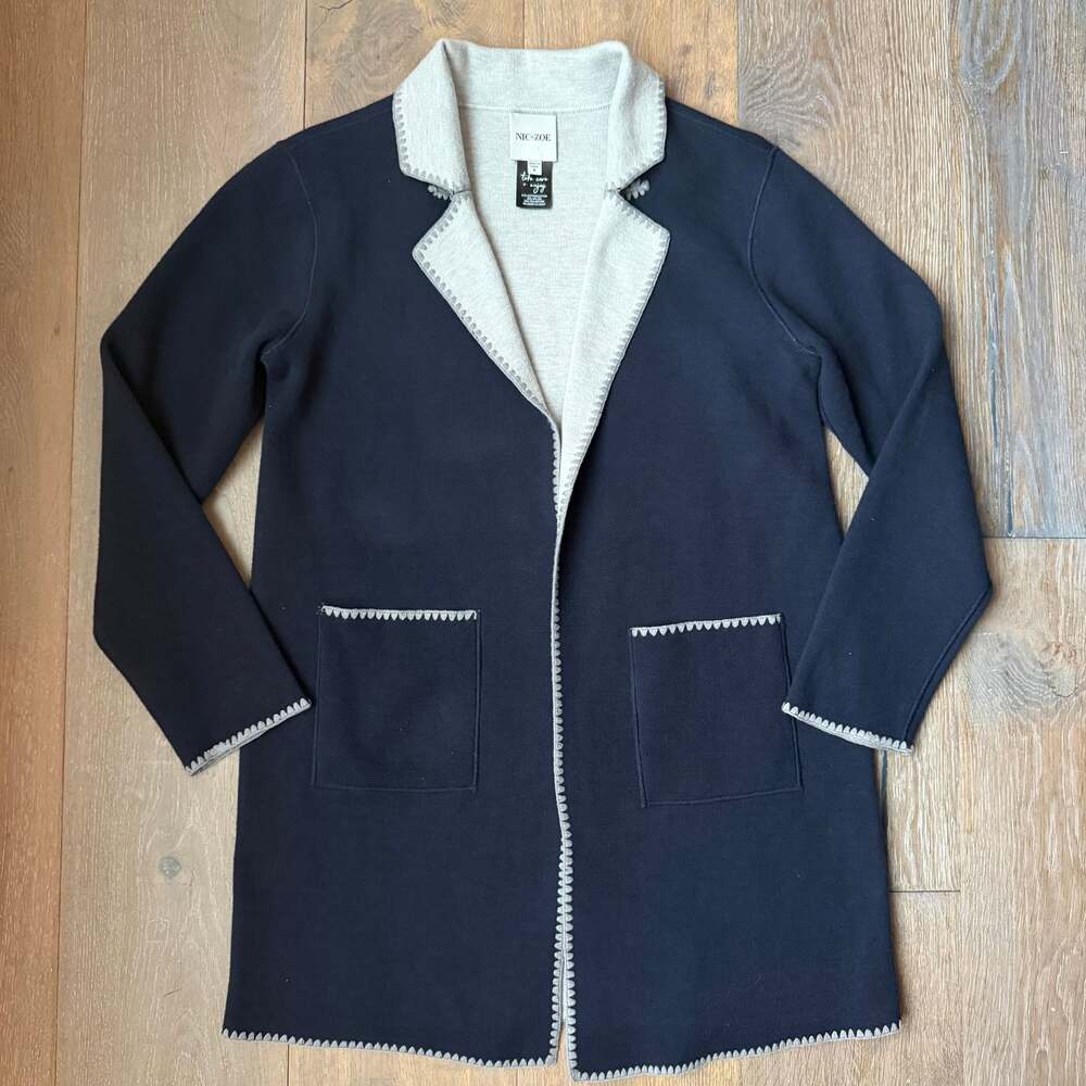 NIC+ZOE Cool Nights Reversible Knit Jacket w Blanket Stitch Navy Grey ~ Small